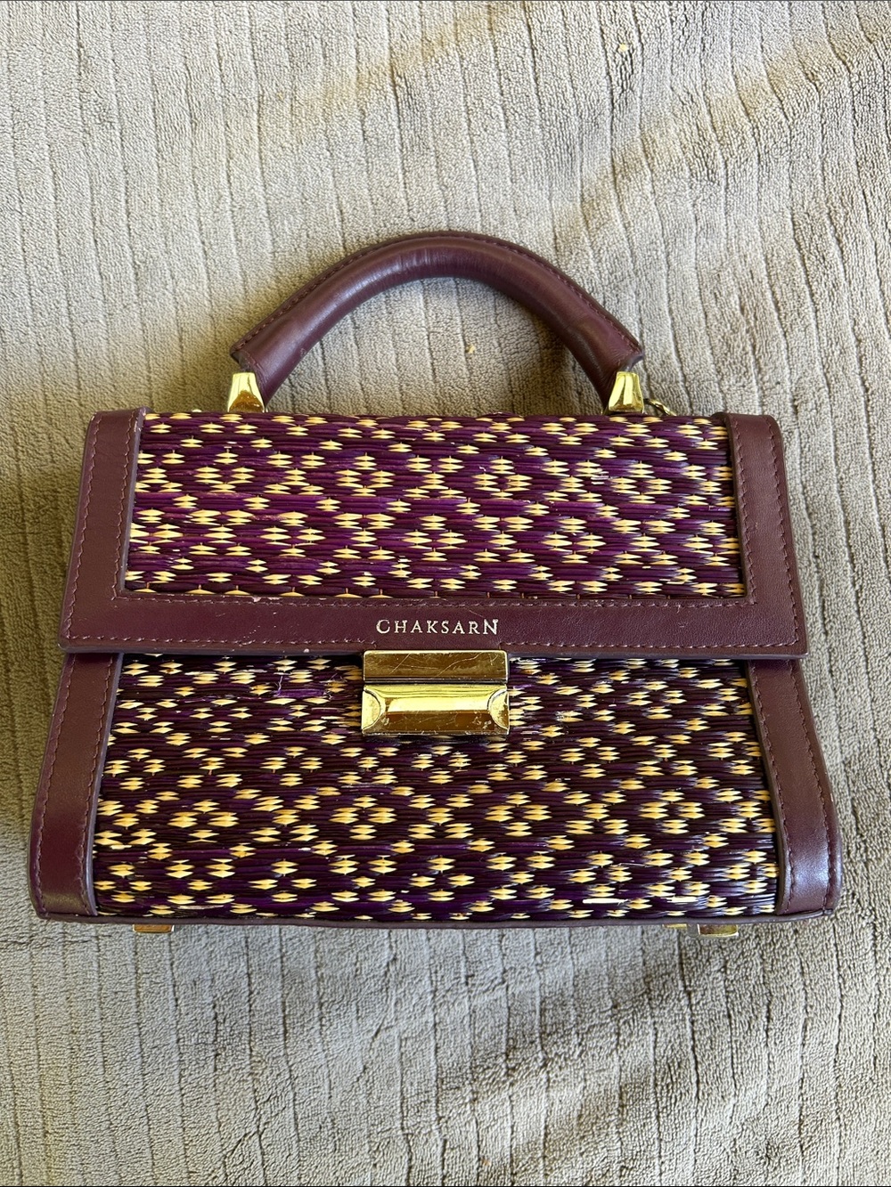 Women's Chaksarn Straw and Leather Handbag in Burgundy and Silver